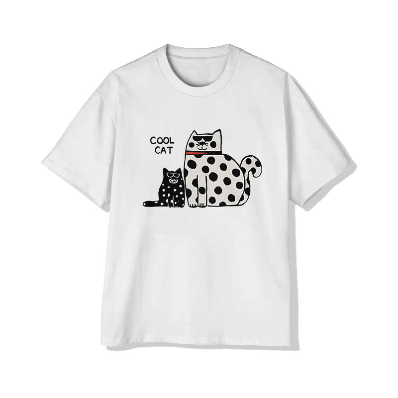 Vintage Cozy Polka Dot Kitten Print Pattern Cotton Print T-shirt - White - US16-18(2XL) - image 1