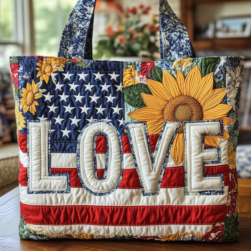 Independence Day American Flag With Love And Sunflowers Pattern Print Quilted Tote Bag - Multicolor - one size - image 1