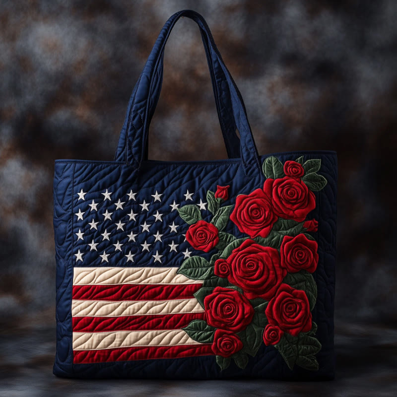 Independence Day Red Rose American Flag Pattern Print Quilted Tote Bag - Multicolor - one size - image 1