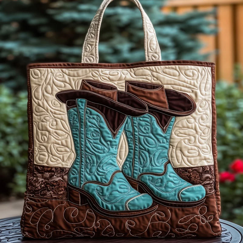 Western Cowboy Boots And Hat Pattern Print Quilted Tote Bag - Multicolor - one size - image 1