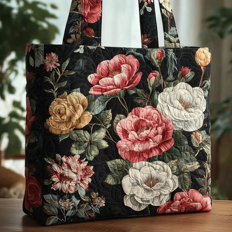 Elegant Flowers Pattern Print Quilted Tote Bag - Black - one size - image 1