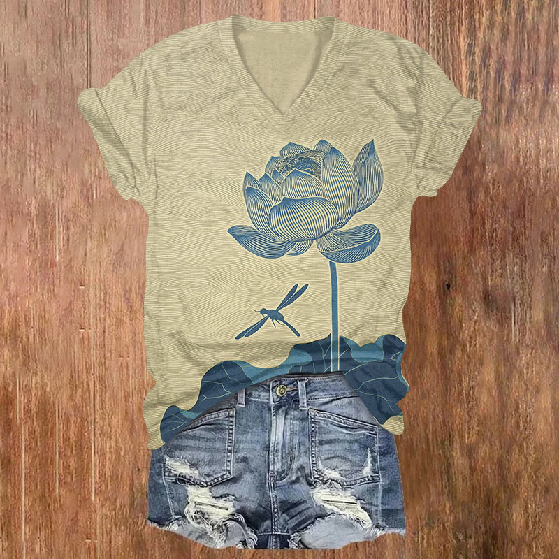 Japanese Art Dragonfly And Lotus Art Print Short Sleeved V-neck T-shirt - Khaki - US32-34(5XL) - image 1