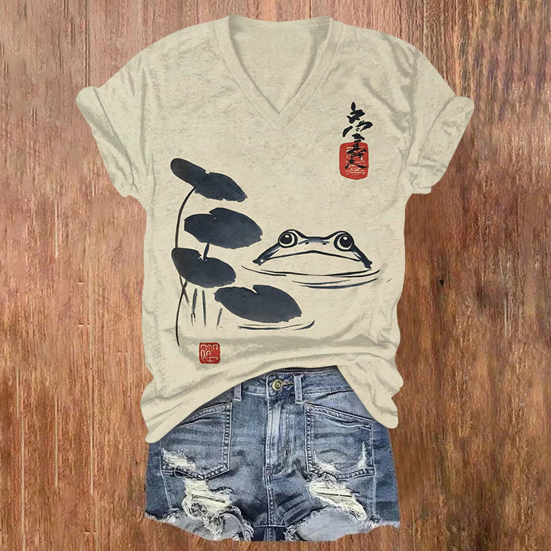 Vintage Style Frog And Lotus Art Print Short Sleeved V-neck T-shirt - Apricot - US32-34(5XL) - image 1