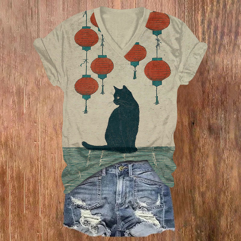 Japanese Art Lantern And Cat Art Print Short Sleeved V-neck T-shirt - Khaki - US32-34(5XL) - image 1