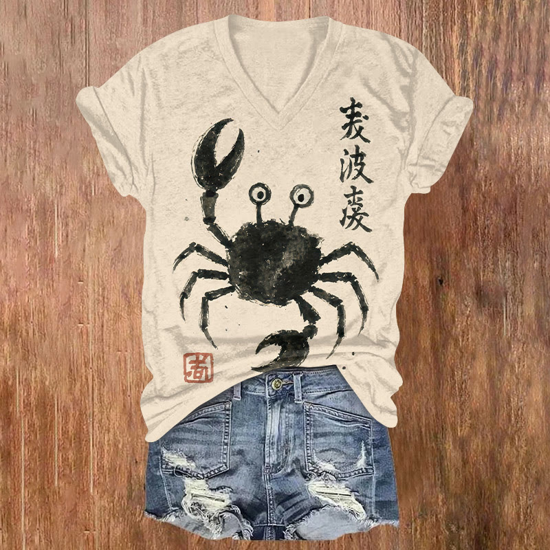Japanese Ink Crab Art Print Short Sleeved V-neck T-shirt - Apricot - US32-34(5XL) - image 1