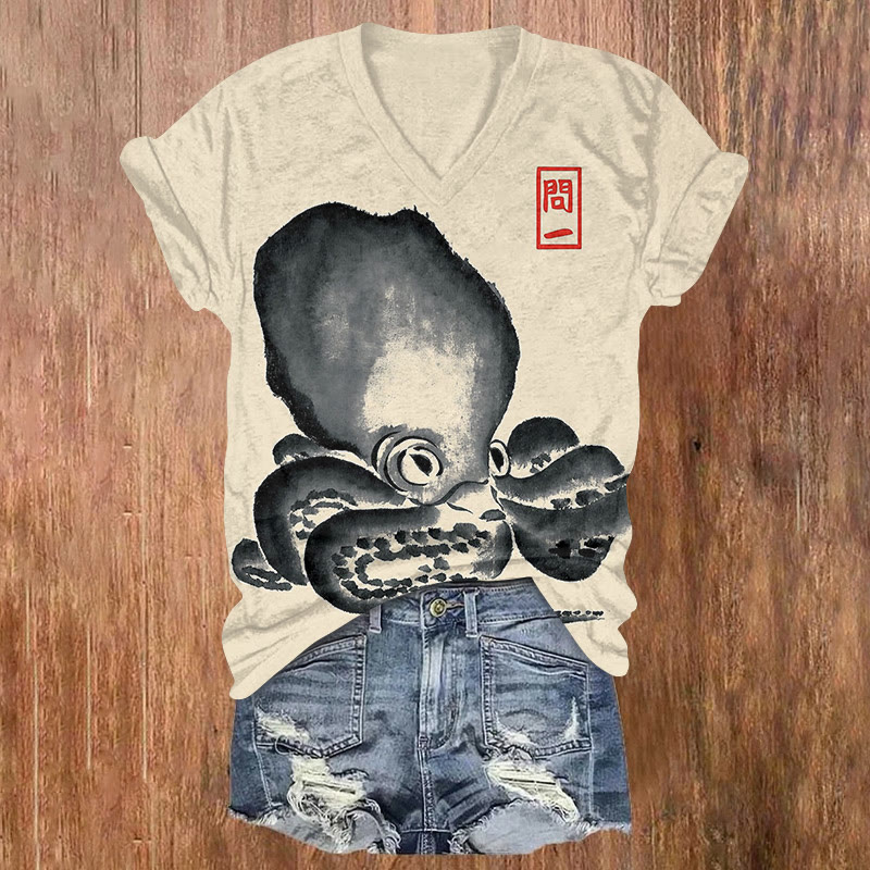 Japanese Ink Octopus Art Print Short Sleeved V-neck T-shirt - Apricot - US32-34(5XL) - image 1