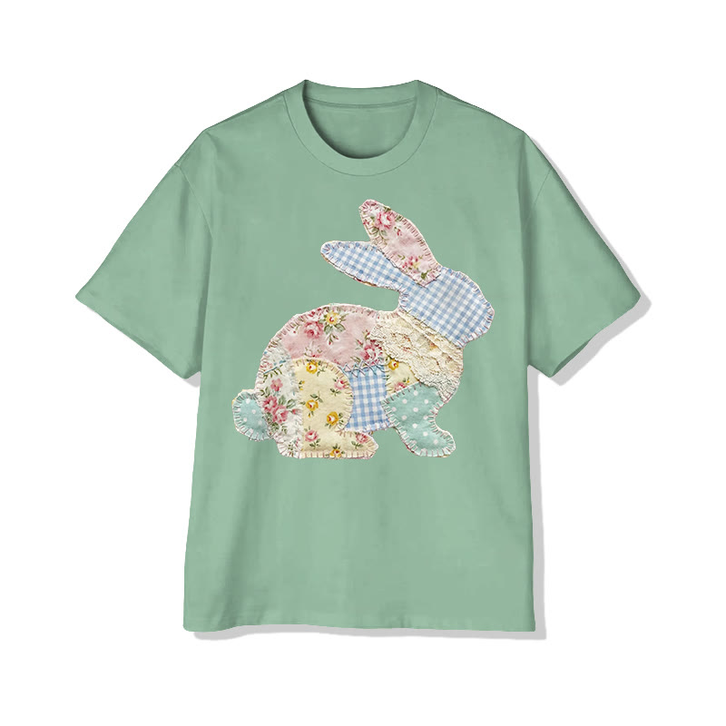 Trendy Pastoral Floral Bunny Patchwork Printed Cotton T-shirt - Green - 2XL - image 1