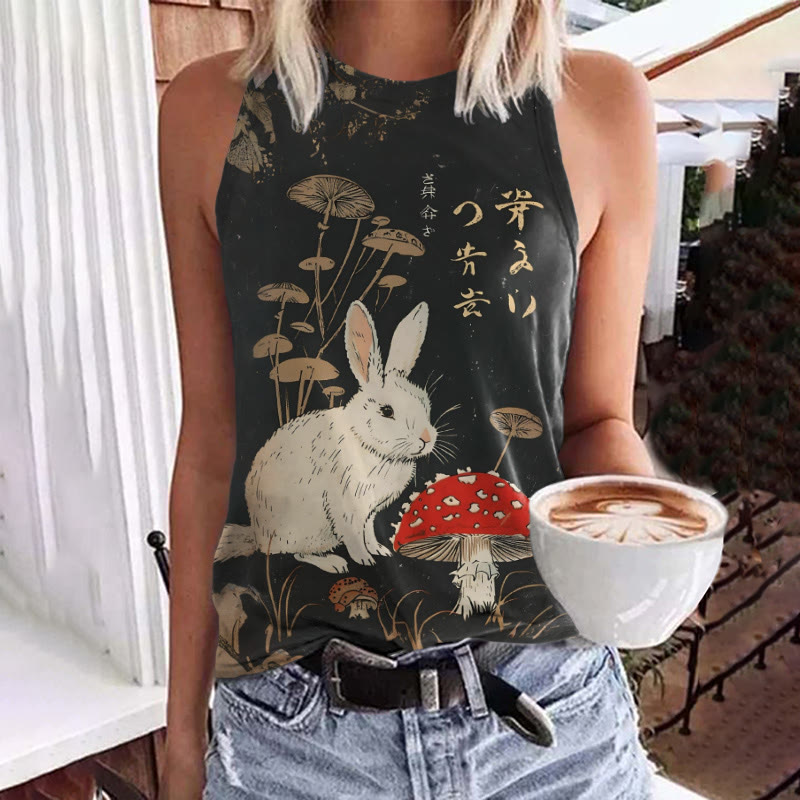 Vintage Rabbit And Vibrant Mushroom Print Crew Neck Tank Top - Black - 5XL - image 1