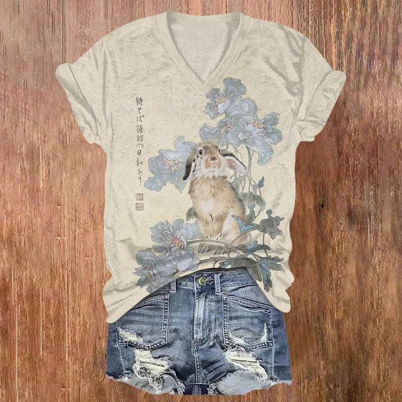 Cute Japanese Bunny Flowers Print Short Sleeved V-neck T-shirt - Apricot - US32-34(5XL) - image 1