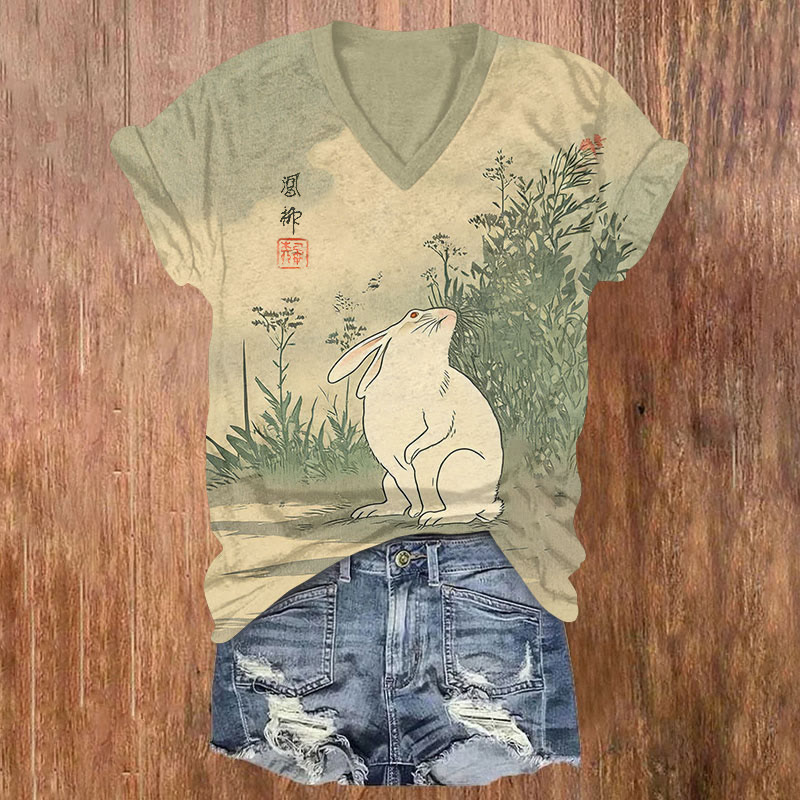 Japanese Retro Classic Rabbit Painting Print Short Sleeved V-neck T-shirt - Apricot - US32-34(5XL) - image 1
