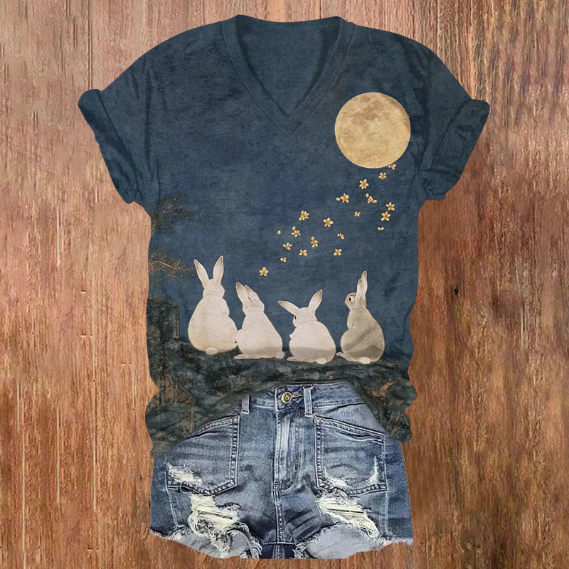 Japanese Retro Bunnies And The Moon Print Short Sleeved V-neck T-shirt - Blue - US32-34(5XL) - image 1