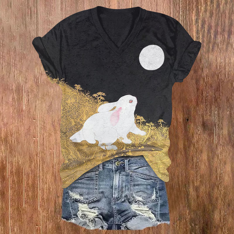 Japanese Retro Ukiyo-e Bunny And Full Moon Print Short Sleeved V-neck T-shirt - Black - US32-34(5XL) - image 1