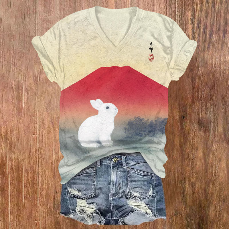 Japanese Retro Ukiyo-e Rabbit Mount Fuji Print Short Sleeved V-neck T-shirt - Apricot - US32-34(5XL) - image 1