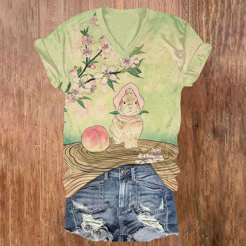 Japanese Retro Ukiyo-e Style Rabbit And Peach Print Short Sleeved V-neck T-shirt - Light Green - Light Green - image 1