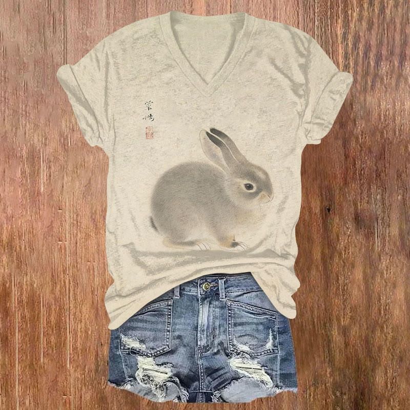 Japanese Retro Fluffy Cute Bunny Print Short Sleeved V-neck T-shirt - Apricot - US32-34(5XL) - image 1