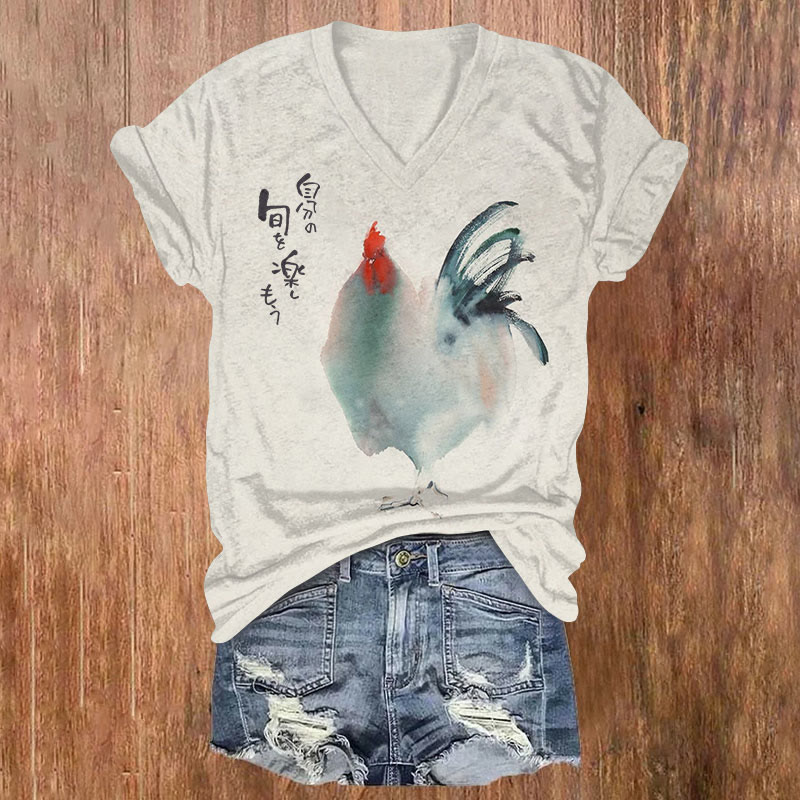 Japanese Ink Painting Farm Friend Rooster Print Short Sleeved V-neck T-shirt - Apricot - US32-34(5XL) - image 1