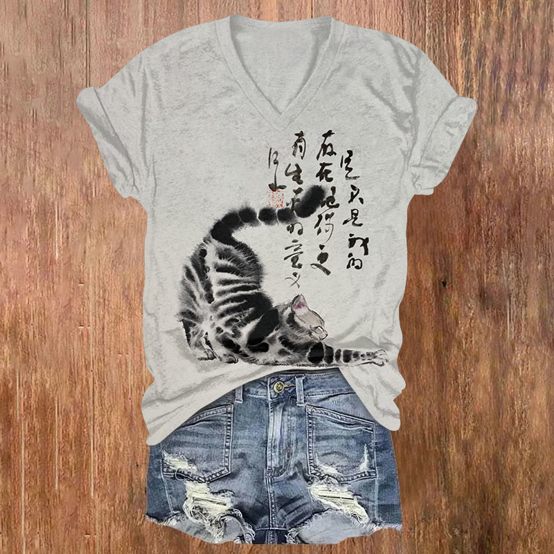 Japanese Ink Painting Style Lazy Cat Print Short Sleeved V-neck T-shirt - Black - US32-34(5XL) - image 1