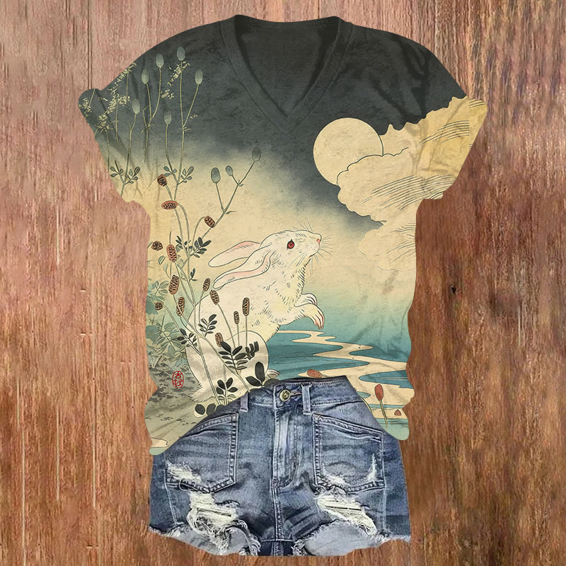 Classic Japanese Ukiyo-e Rabbit Print Short Sleeved V-neck T-shirt - Apricot - US32-34(5XL) - image 1