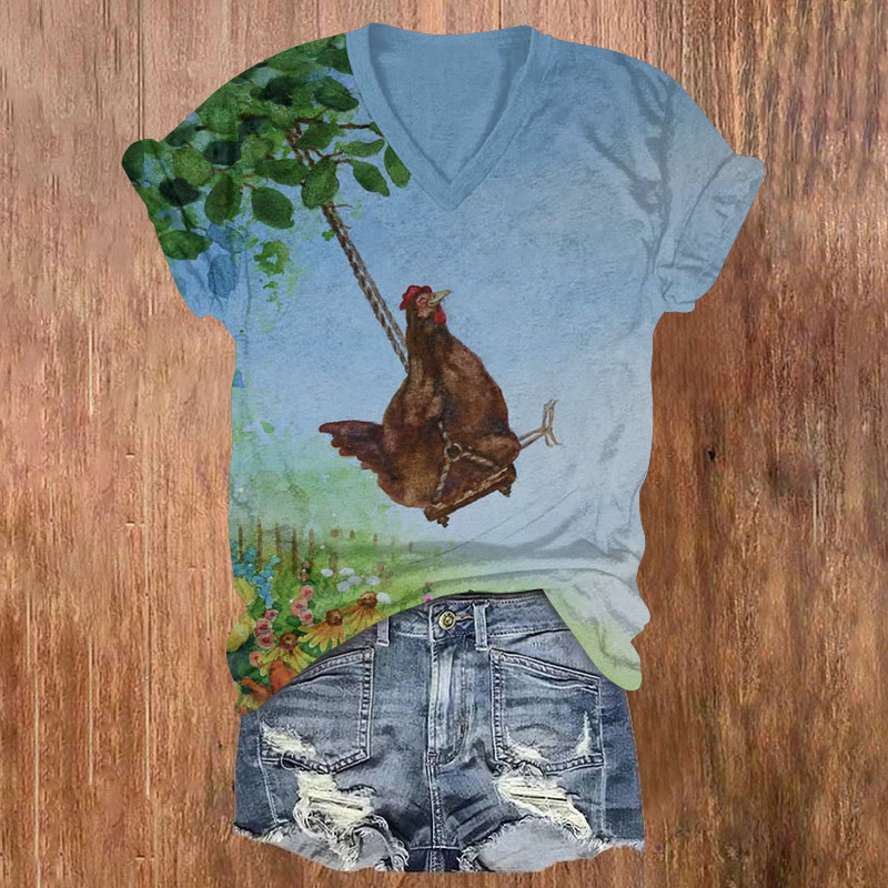 Funny Farm Friends Swinging Hen Print Short Sleeved V-neck T-shirt - Blue - US32-34(5XL) - image 1