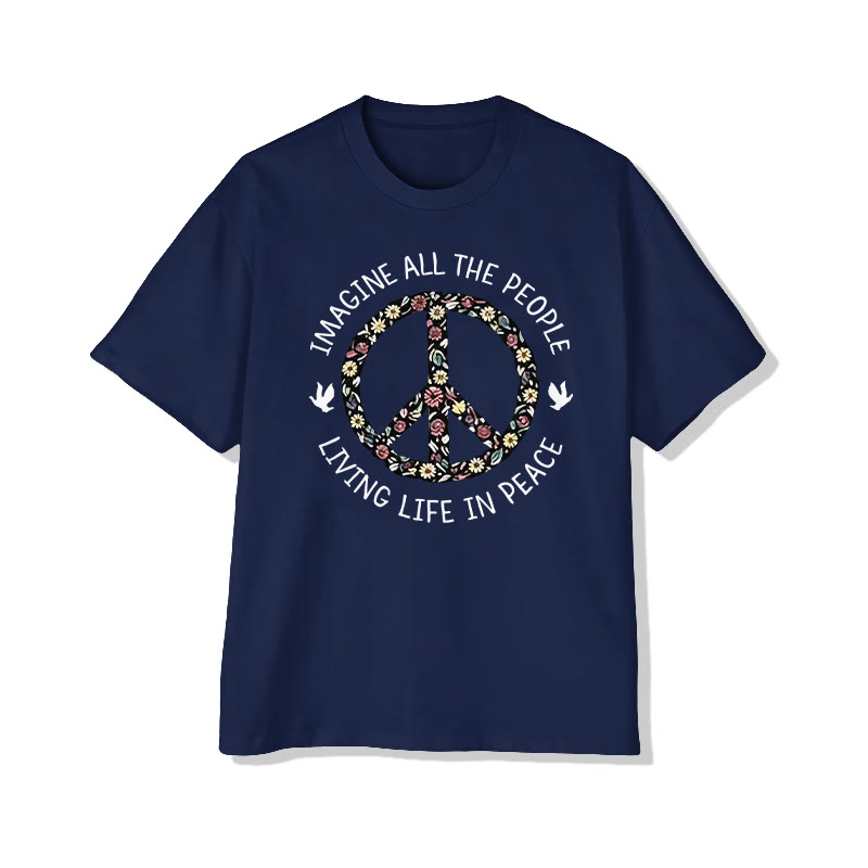 Unisex Imagine All The People Living Life In Peace Pattern Cotton Print T-shirt - Blue - US20-22(3XL) - image 7
