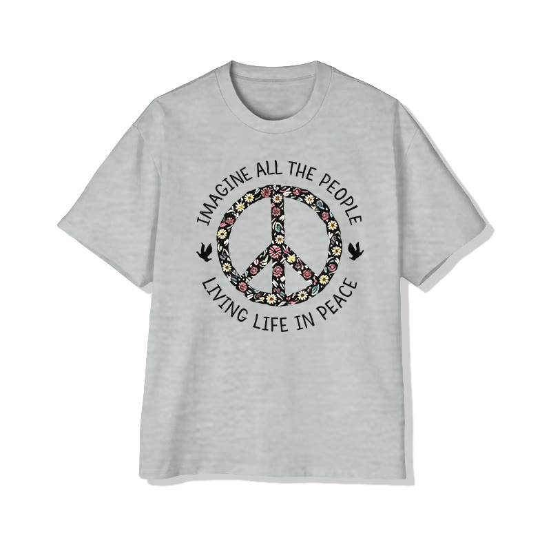 Unisex Imagine All The People Living Life In Peace Pattern Cotton Print T-shirt - Grey - US20-22(3XL) - image 1