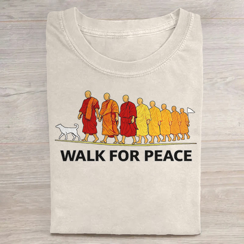 unisex Walk for Peace Monk Pattern Art Print Acid Washed T-shirt - Apricot - US20-22(3XL) - image 2