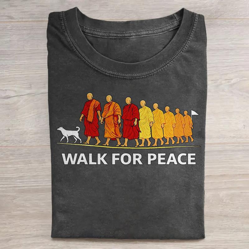 unisex Walk for Peace Monk Pattern Art Print Acid Washed T-shirt - Black - US20-22(3XL) - image 1