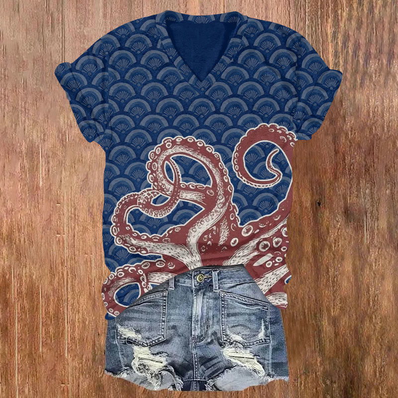 Japanese Watercolor Octopus Geometry Print Short Sleeved V-neck T-shirt - Blue - US32-34(5XL) - image 1