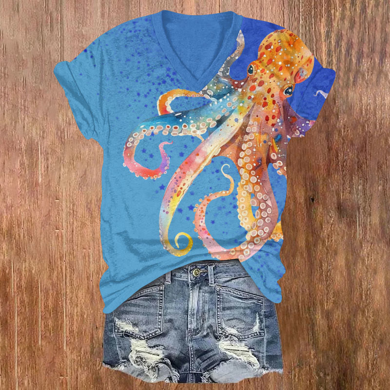Japanese Watercolor Gradient Octopus Print Short Sleeved V-neck T-shirt - Blue - US32-34(5XL) - image 1