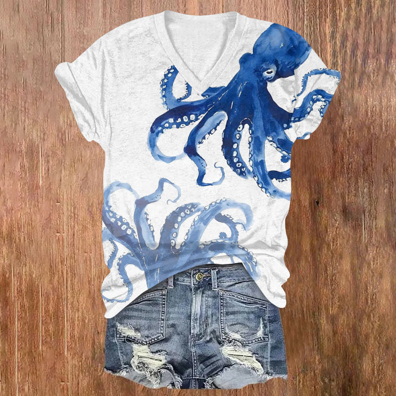 Japanese Watercolor Mini Octopus Print Short Sleeved V-neck T-shirt - White - US32-34(5XL) - image 2