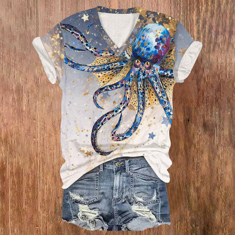 Japanese Metallic Gradient Octopus Print Short Sleeved V-neck T-shirt - Blue - US32-34(5XL) - image 1