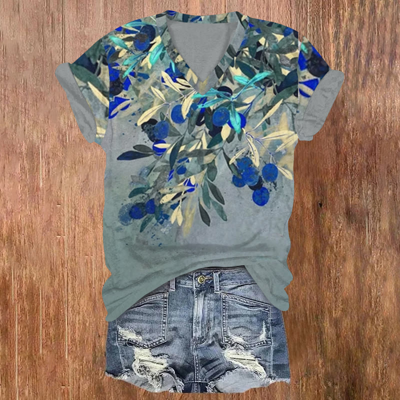 Japanese Elegant Leaf And Fruit Rock Art Pattern Print Short Sleeved V-neck T-shirt - Blue - US32-34(5XL) - image 1
