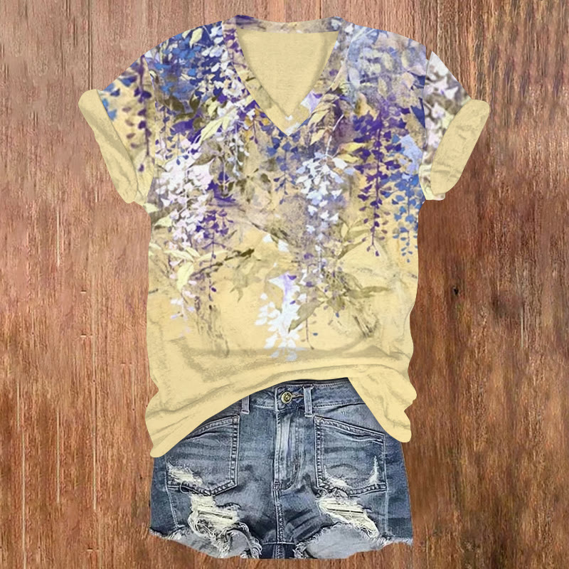 Japanese Elegant Wisteria Art Pattern Print Short Sleeved V-neck T-shirt - Yellow - US32-34(5XL) - image 1