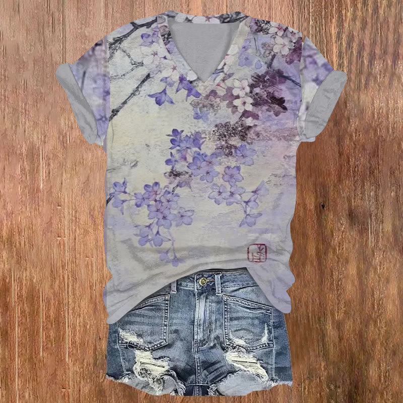 Japanese Cherry Blossom Tree Rock Art Pattern Print Short Sleeved V-neck T-shirt - Light Purple - US32-34(5XL) - image 1