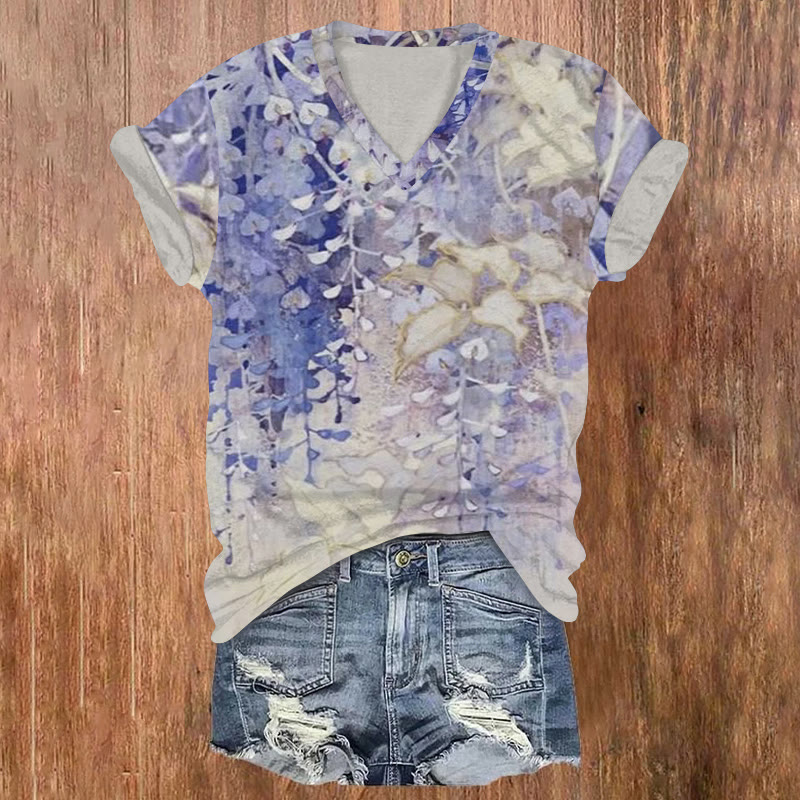 Japanese Wisteria Rock Art Pattern Print Short Sleeved V-neck T-shirt - Light Purple - US32-34(5XL) - image 1