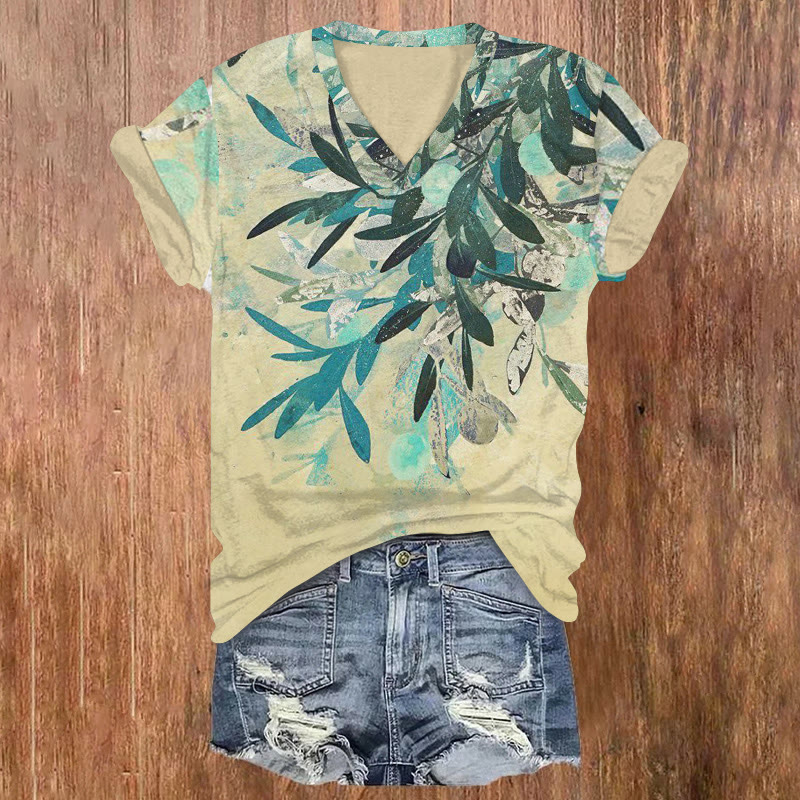 Japanese Fruit Tree Rock Art Pattern Print Short Sleeved V-neck T-shirt - Apricot - US32-34(5XL) - image 1