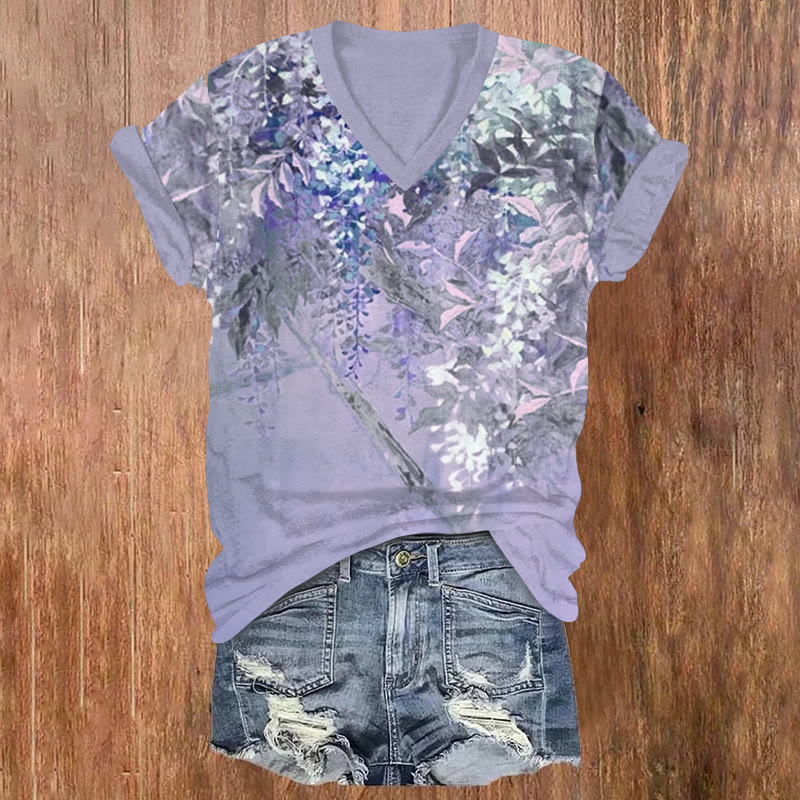 Japanese Dreamy Wisteria Rock Painting Art Pattern Print Short Sleeved V-neck T-shirt - Light Purple - US32-34(5XL) - image 2