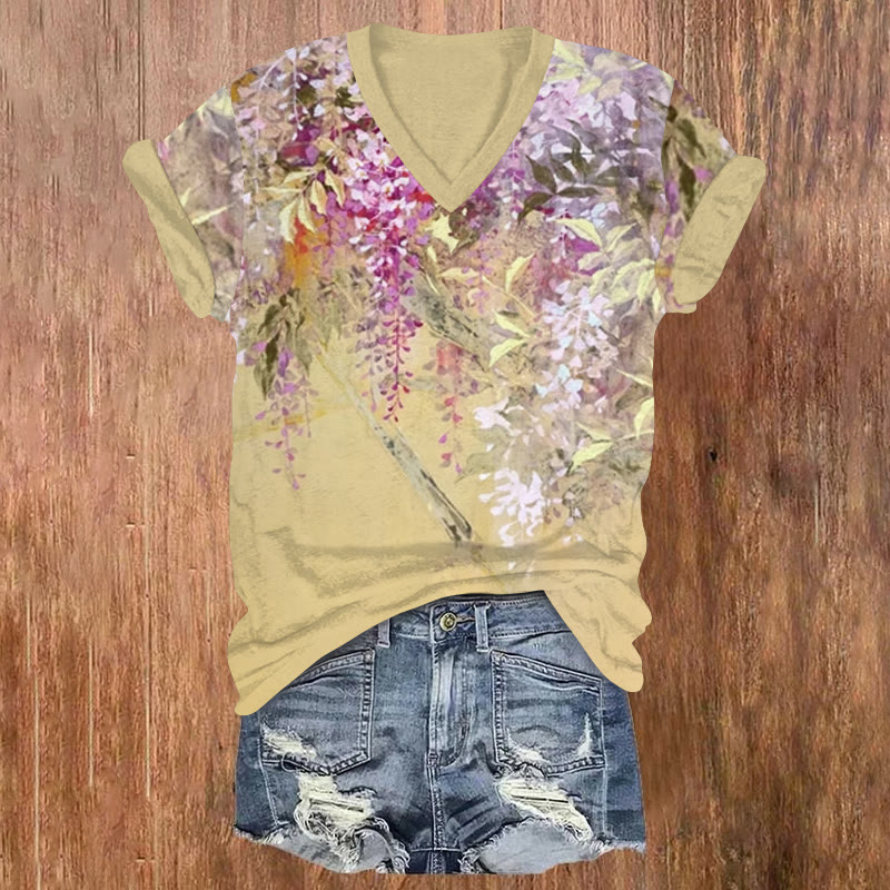 Japanese Dreamy Wisteria Rock Painting Art Pattern Print Short Sleeved V-neck T-shirt - Yellow - US32-34(5XL) - image 1