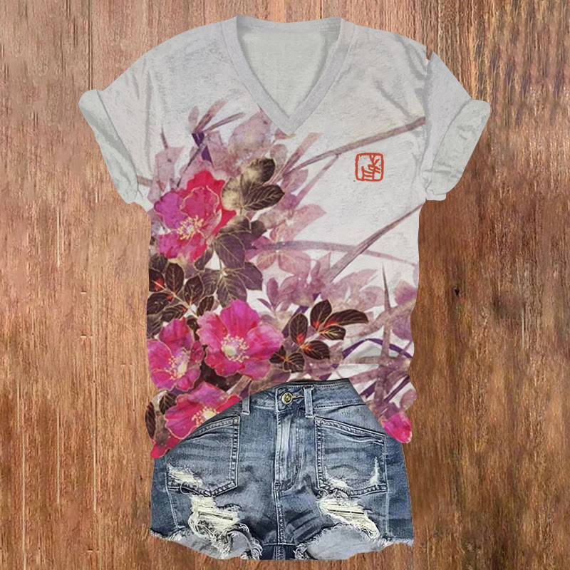 Japanese Elegant Camellia Rock Painting Art Pattern Print Short Sleeved V-neck T-shirt - Purple - US32-34(5XL) - image 2
