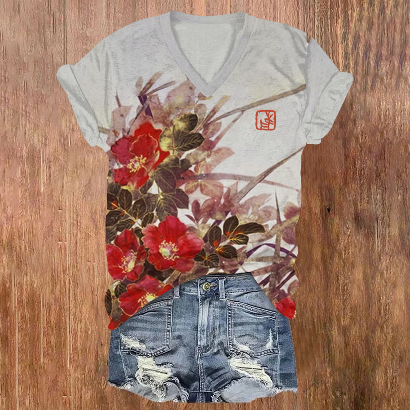 Japanese Elegant Camellia Rock Painting Art Pattern Print Short Sleeved V-neck T-shirt - Red - US32-34(5XL) - image 1