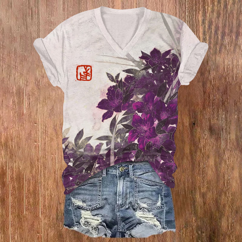 Japanese Elegant Lily Rock Art Pattern Print Short Sleeved V-neck T-shirt - Purple - US32-34(5XL) - image 2