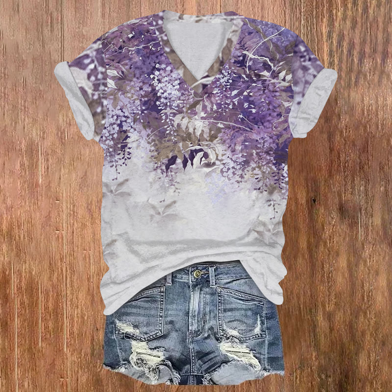 Japanese Wisteria Art Pattern Print Short Sleeved V-neck T-shirt - Grey - US32-34(5XL) - image 2
