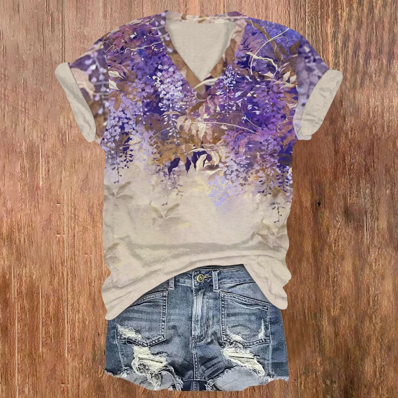 Japanese Wisteria Art Pattern Print Short Sleeved V-neck T-shirt - Apricot - US32-34(5XL) - image 1