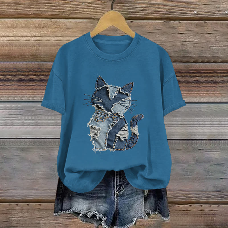 Vintage Abstract Geometric Cat Art Pattern Print Short Sleeved Round Neck Cotton T-shirt - Blue - US28-30(4XL) - image 2