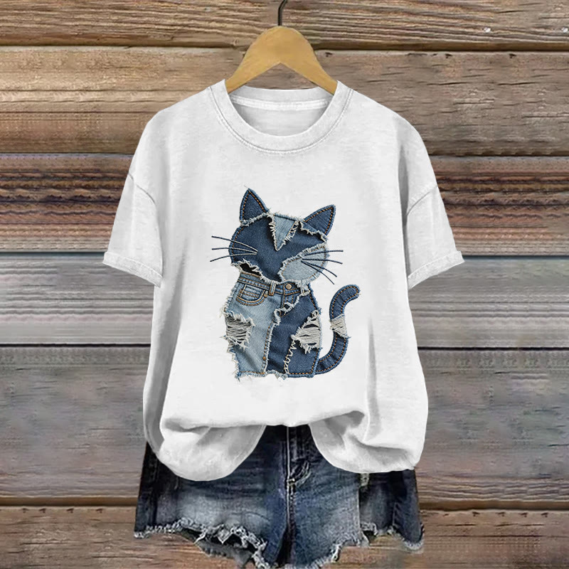 Vintage Abstract Geometric Cat Art Pattern Print Short Sleeved Round Neck Cotton T-shirt - White - US28-30(4XL) - image 1