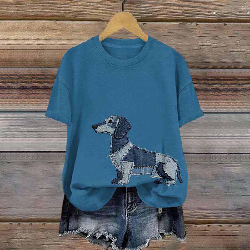 Vintage Dachshund Art Pattern Print Short Sleeved Round Neck Cotton T-shirt - Blue - US28-30(4XL) - image 2