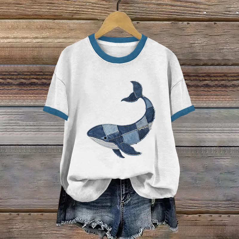 Vintage Ocean Whale Geometry Art Pattern Print Short Sleeved Round Neck Cotton T-shirt - White - US28-30(4XL) - image 1
