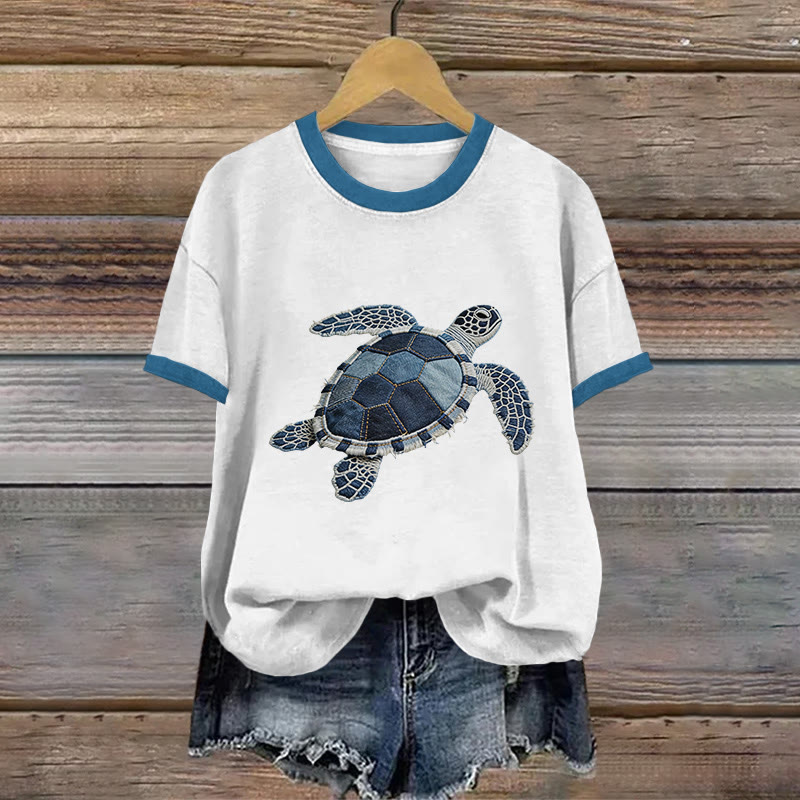 Vintage Ocean Turtle Geometry Art Pattern Print Short Sleeved Round Neck Cotton T-shirt - White - US28-30(4XL) - image 1