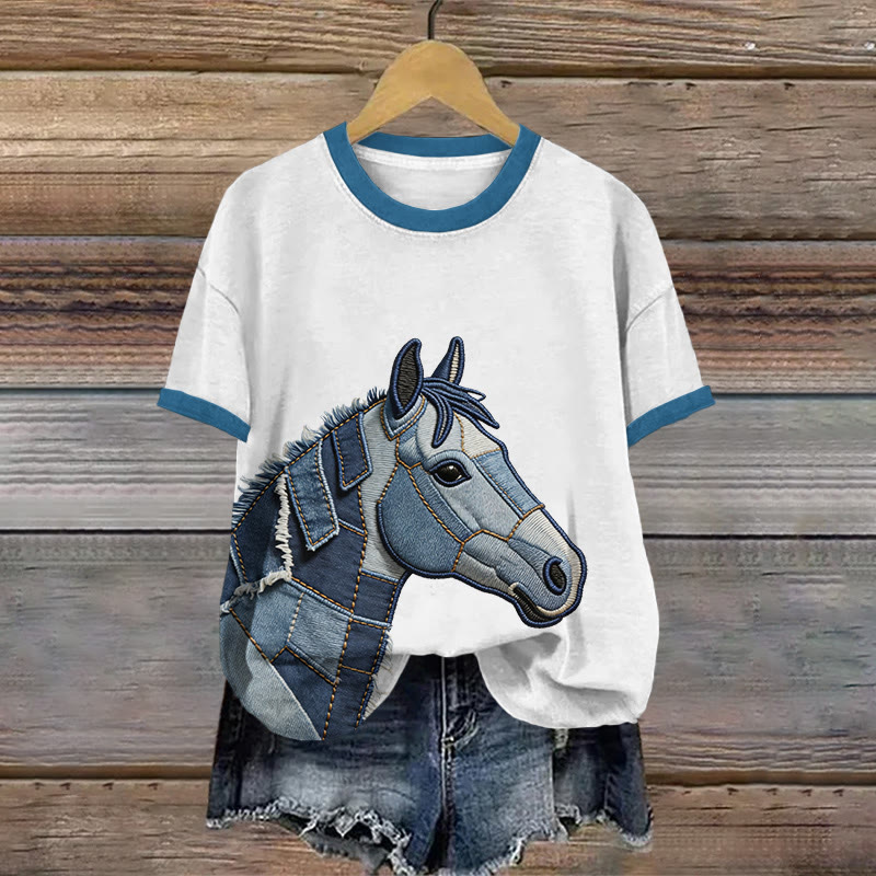 Vintage Horse Geometry Art Pattern Print Short Sleeved Round Neck Cotton T-shirt - White - US28-30(4XL) - image 1