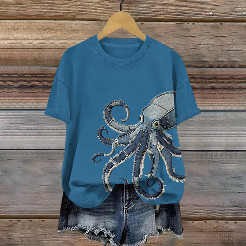 Vintage Ocean Octopus Art Pattern Print Short Sleeved Round Neck Cotton T-shirt - Blue - US28-30(4XL) - image 2